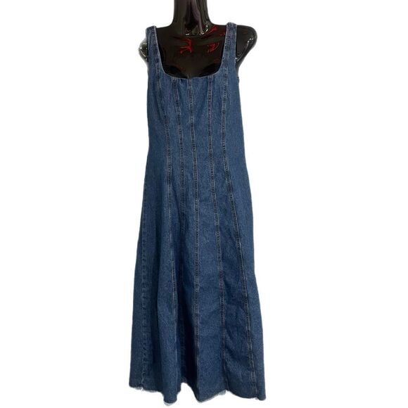 Joie Square Neckline Raw Hem Sleeveless Denim MIDI Dress Sz S Cottage Core - Picture 3 of 10